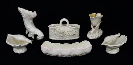 Pair of Belleek shells, on stands, black labels to base, 7cm high, together with a basket with an