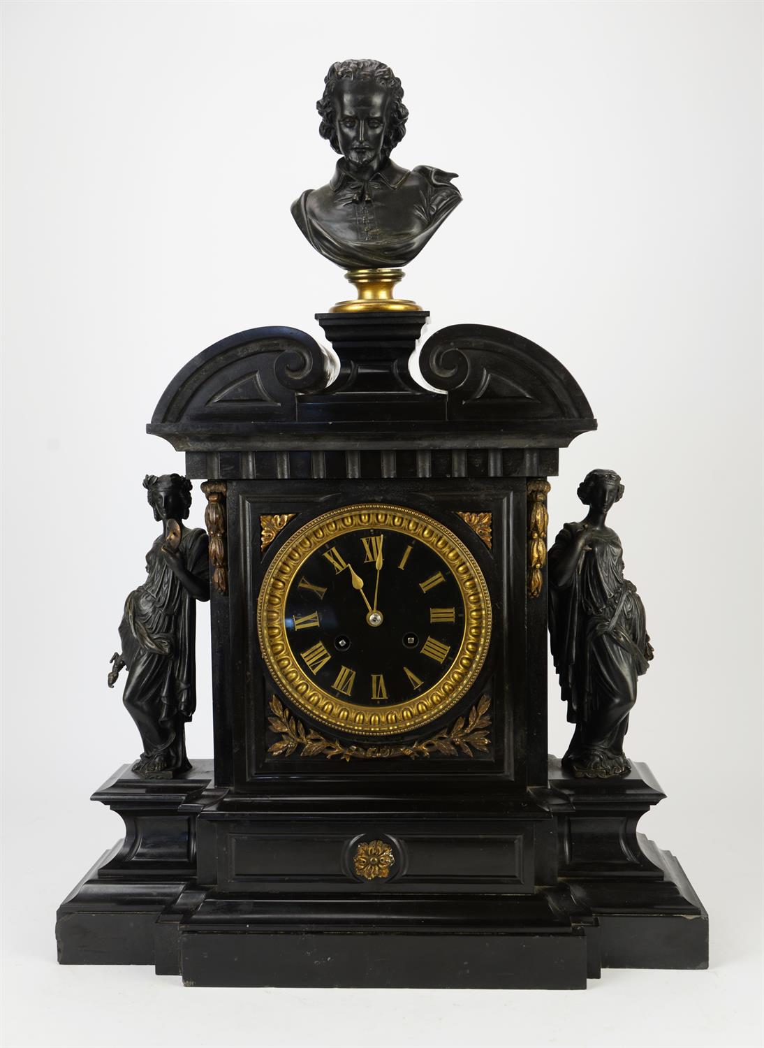 French black marble mantel clock, 19th Century, the case of architectural design with scrolling
