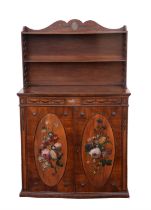 Edwardian mahogany and painted display cabinet, the upper section with shelves and trellis side