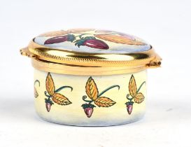 Nicola Slaney for Moorcroft, enamel miniature circular pill box with hinged lid,