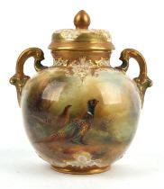 Royal Worcester twin handled potpourri and cover, painted with a cock and hen pheasant,