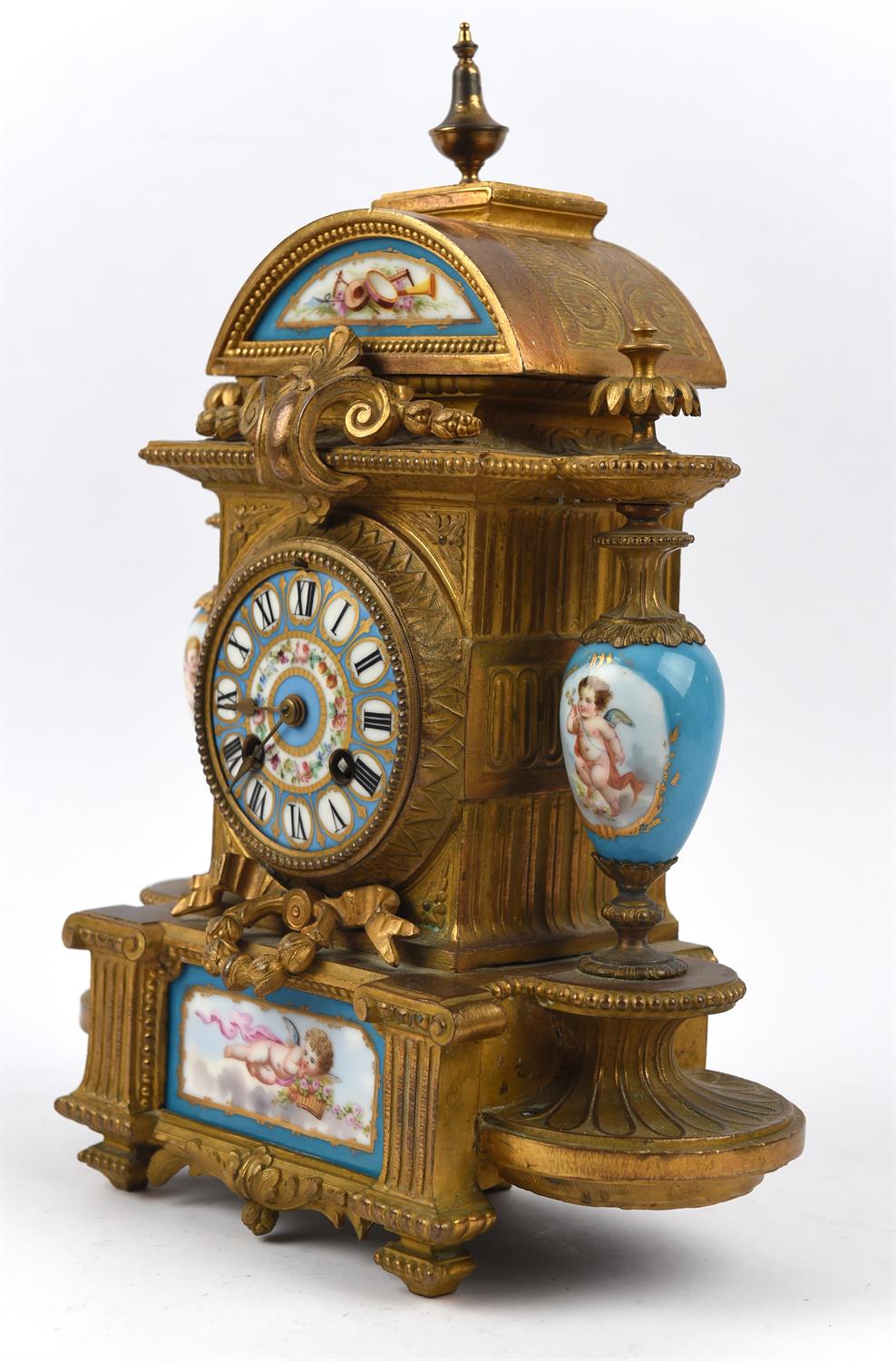 French gilt metal and Sevres style porcelain clock garniture, 19th Century, the clock with - Image 4 of 8