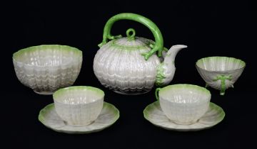 Quantity of Belleek tea wares, decorated with pale green banding, to include tea pot and cover,