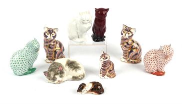 Herend, Royal Crown Derby, Royal Doulton china cats including a flambe cat (9)