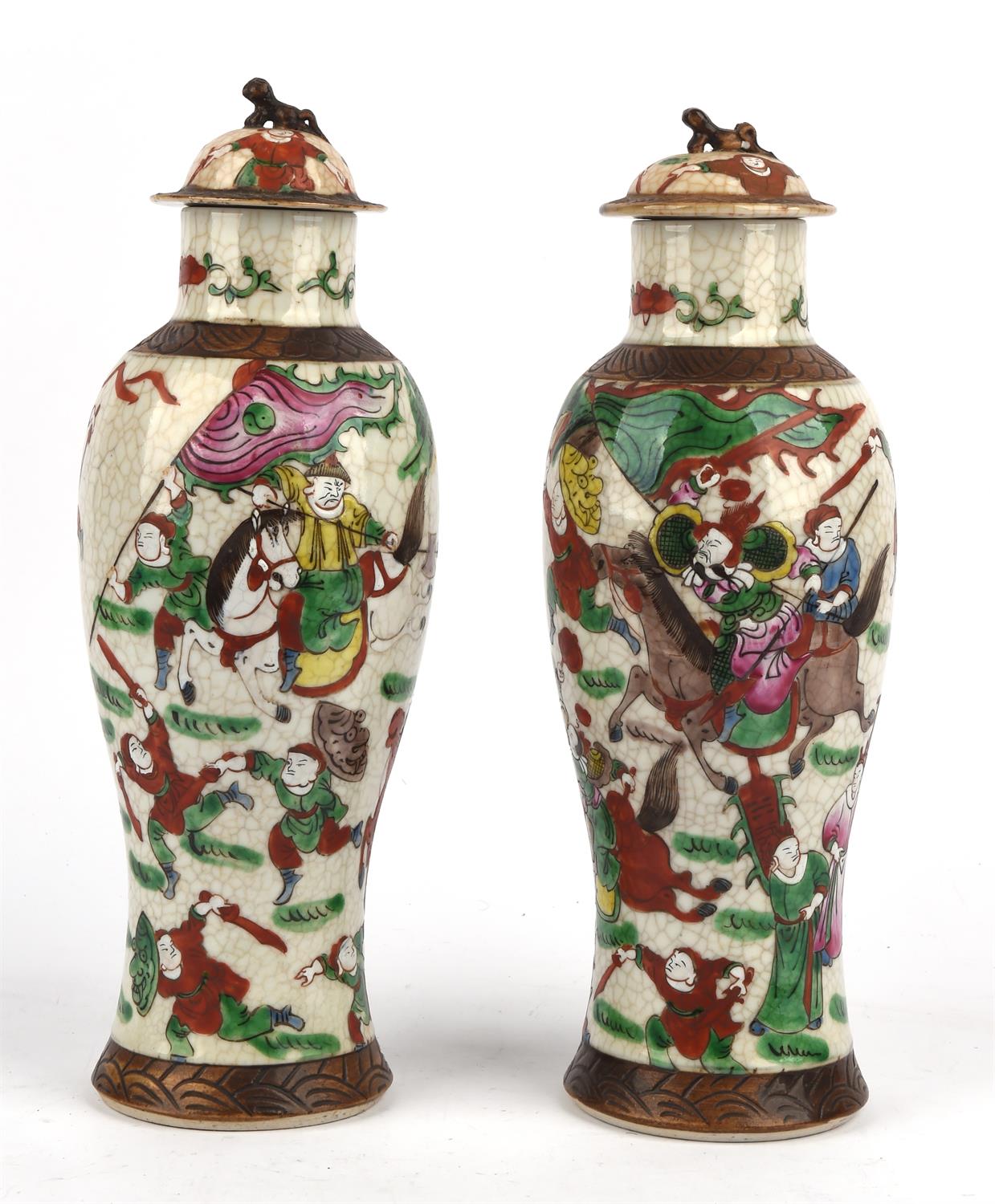 A Pair of famille rose vases and covers, late Qing Dynasty or later, decorated with friezes of - Image 3 of 7