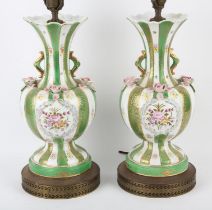 Pair of Louis XV style porcelain table lamps, of baluster form, with green, white and gilt stripes,