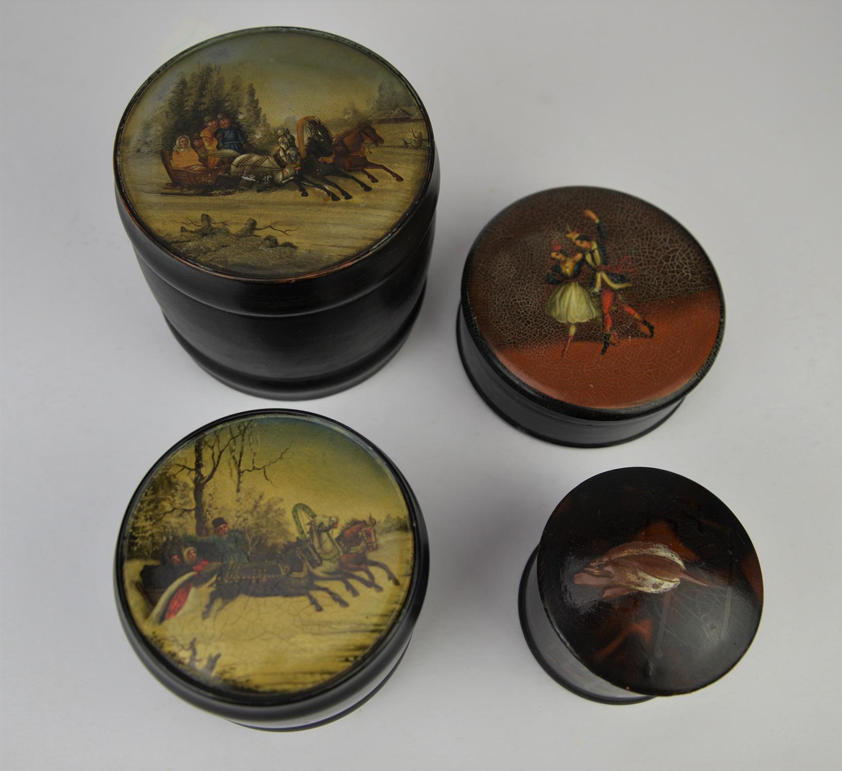 Collection of seven Russian papier-mache boxes, late 19th/early 20th century, depicting various - Image 2 of 3