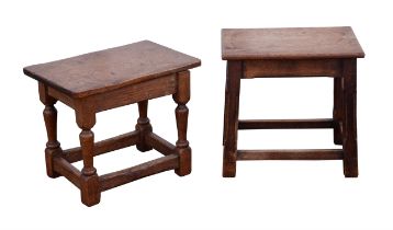 Pair of oak occasional tables, in the form of 17th century joint stools H40 x W49 x D33cms,