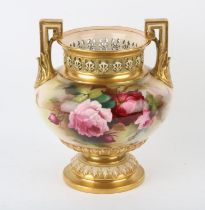 Royal Worcester twin handled Rose Jardiniere, signed A Lewis, Shape H300, date mark for 1911, H26cm