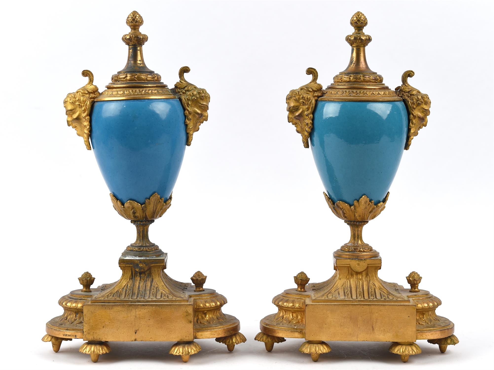 French gilt metal and Sevres style porcelain clock garniture, 19th Century, the clock with - Image 8 of 8