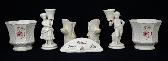Five Belleek porcelain jardinieres, together with a pair of Belleek figures of a girl and boy