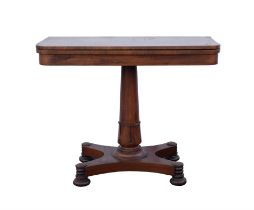 William IV rosewood card table, the tapered column with lotus leaf collar, on a quatreform base
