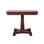 William IV rosewood card table, the tapered column with lotus leaf collar, on a quatreform base