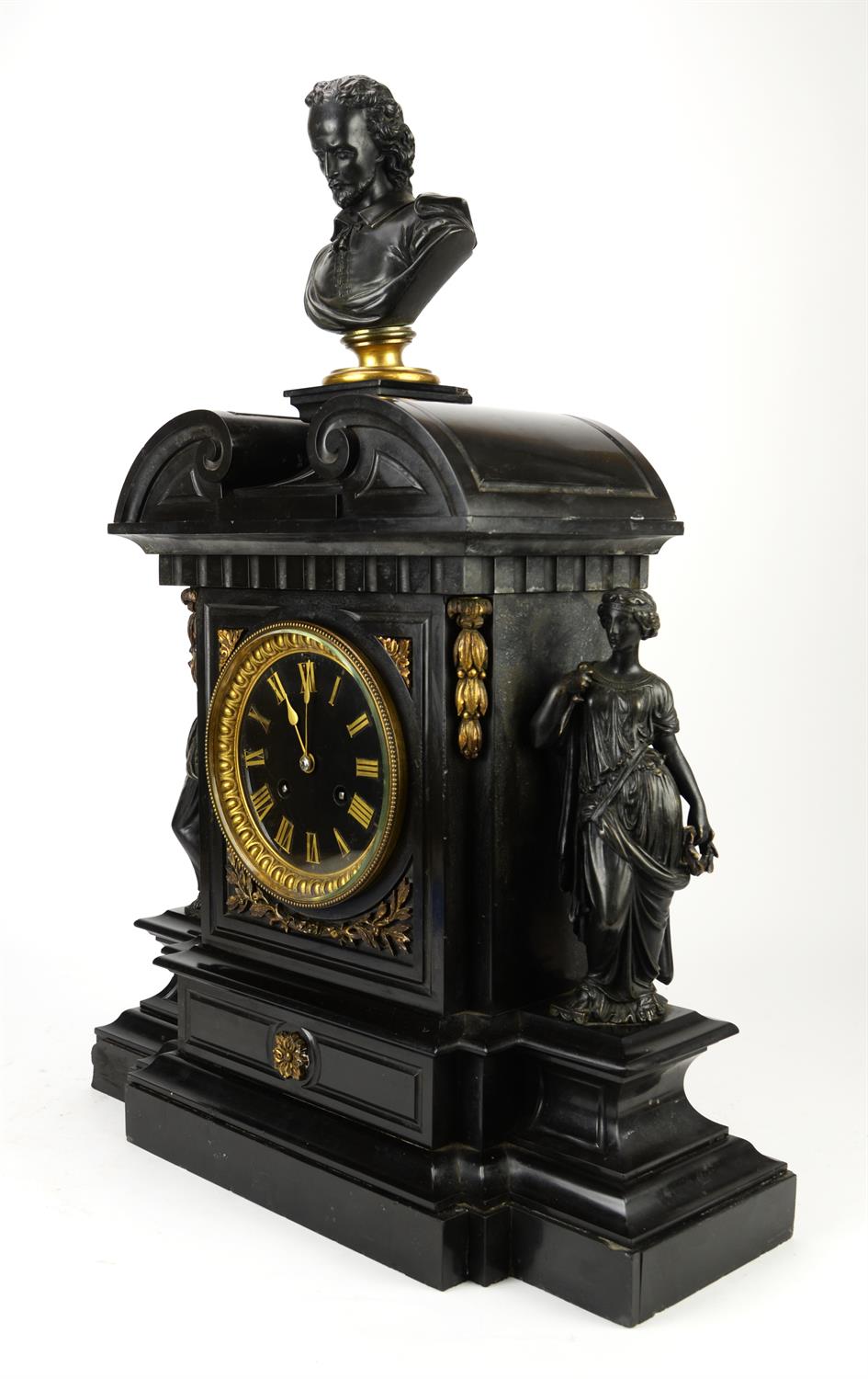 French black marble mantel clock, 19th Century, the case of architectural design with scrolling - Image 3 of 5