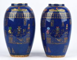 Pair of Carlton Ware 'Tutankhamun' porcelain vases, with gilt and enamel decoration on a blue