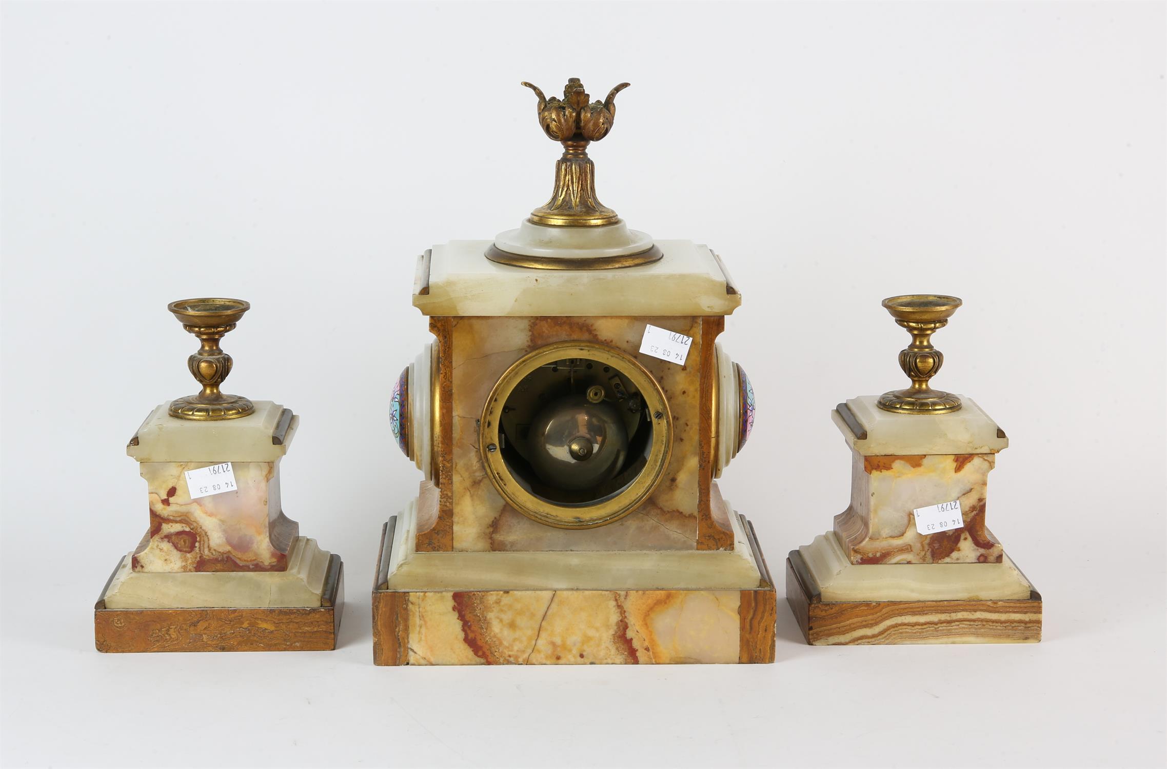A French onyx, yellow fossil marble and enamel clock garniture by Eugene Cornu, late 19th Century, - Image 2 of 2