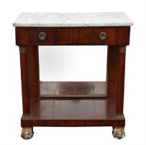 Empire mahogany pier table, circa 1820, mottled white marble top above a drawer with mirror back