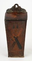 A George III oak cutlery box, of tapered form and inlaid with a knife and fork, 38cm high