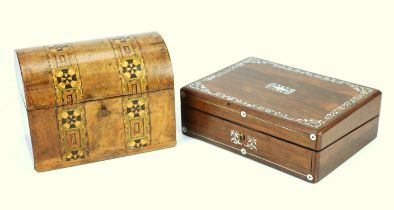A Victorian figured walnut tea caddy, of domed form and with geometric inlay, and an early