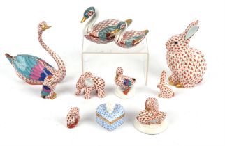 Herend, eleven porcelain models and items, including rabbit, swan, owl, heart shaped box and others