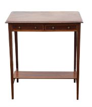 Edwardian mahogany small dressing table, satin wood banded with two drawers and square tapered legs