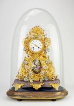French gilt metal mantel clock, 19th Century, the case applied with porcelain flowers,