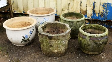 Three composition stone garden planters, the octagonal example H34 x W42cm, together with a pair of