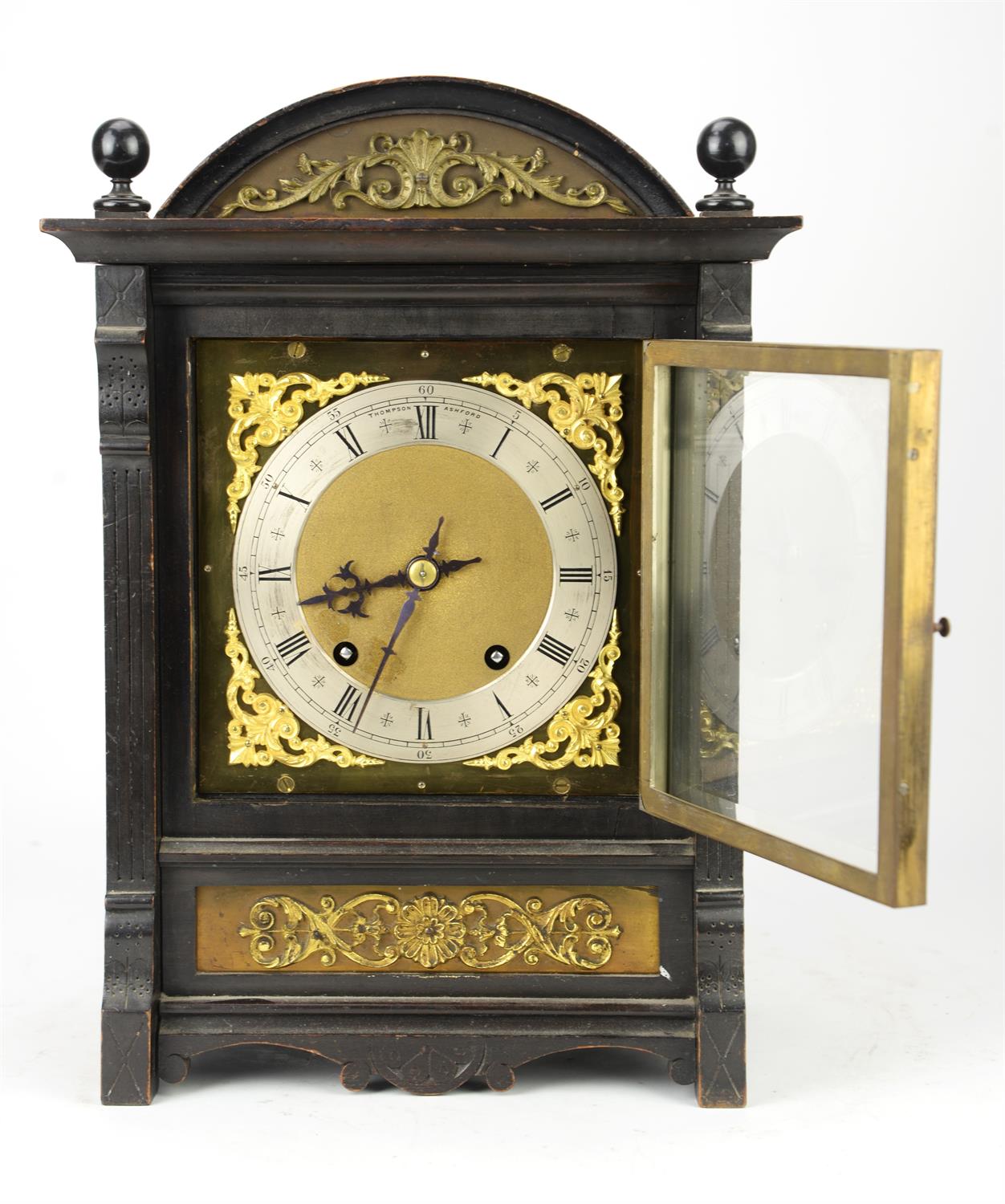 An ebonised wood clock, late 19th/early 20th Century, with ball finials and brass mounted scroll - Image 2 of 5