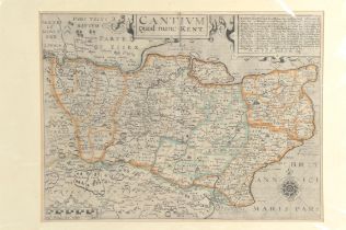 William Kip ‘Cantium Quod Nunc Kent’: a map of Kent after John Norden, hand coloured engraving,