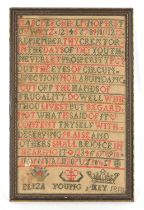 19th century sampler. Named and dated lower section 'Eliza Young, 2 May 1818'. The lower section