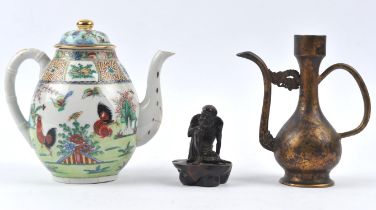 A metal ewer [presumably after a Jiajing original], 16 cm high; a famille rose teapot,