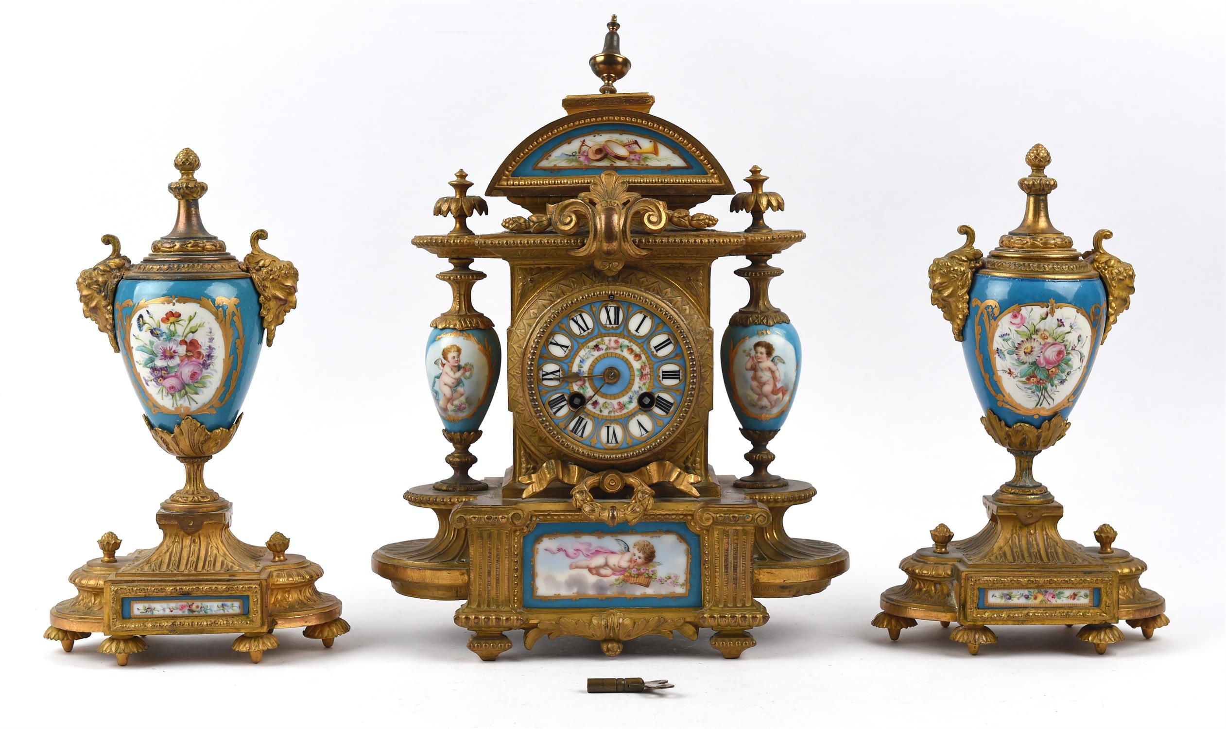 French gilt metal and Sevres style porcelain clock garniture, 19th Century, the clock with