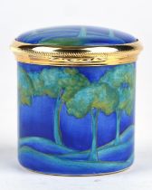 Moorcroft Enamel miniature cylindrical pot with hinged lid, in the William Moorcroft Moonlit Blue