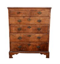 George II walnut chest of drawers, the banded moulded top with two short over four graduated