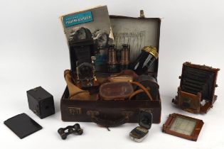 Lukos II folding camera, mahogany and brass quarter plate camera, Army Service field glasses,