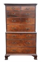 George III mahogany chest on chest, the upper section with two short and three long drawers,