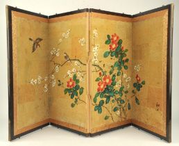 A Japanese four-fold screen, decorated with sparrows, flowers and prunus; each leaf about 61 x 30
