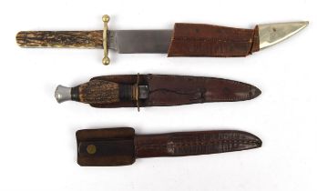Early 20th century English bowie knife / trench dagger with two piece stag horn grip ,