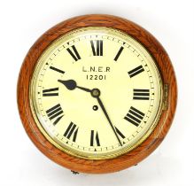 LNER oak cased wall clock, late 19th/early 20th Century, with brass single fusee movement and key,