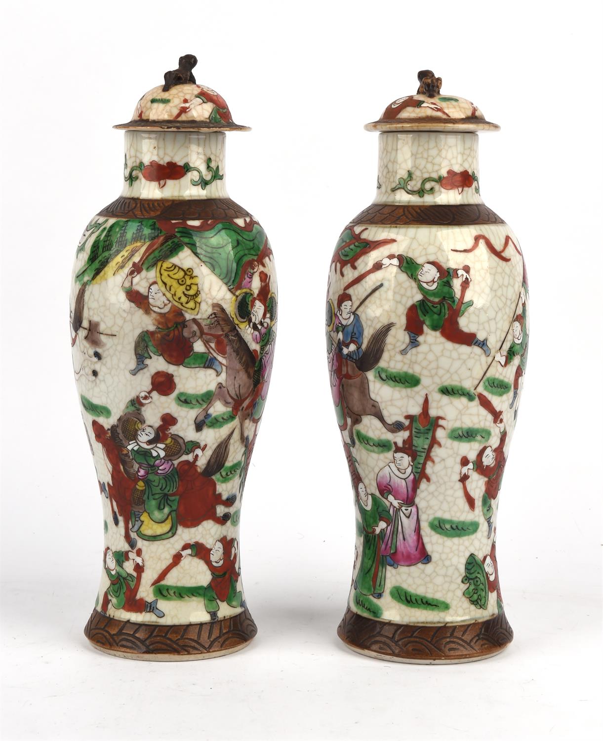 A Pair of famille rose vases and covers, late Qing Dynasty or later, decorated with friezes of - Image 4 of 7