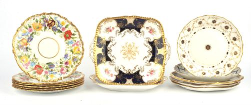 A group of 19th/early 20th century porcelain plates, to include a pair of Coalport blue and gilt