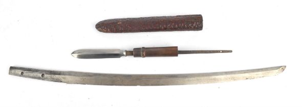 A Wakizashi blade without koshirae; the blade's configuration honzukuri/fukura-tsuku with two