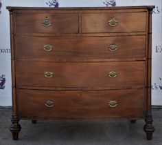 Mahogany bowfront chest, 19th Century, with turned reeded pilasters, with two short and three long