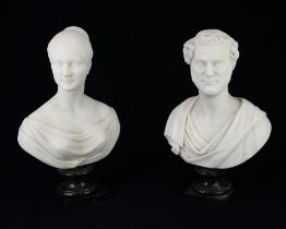 Pair of Cararra marble portrait busts of a lady and gentleman, 19th Century, both classically