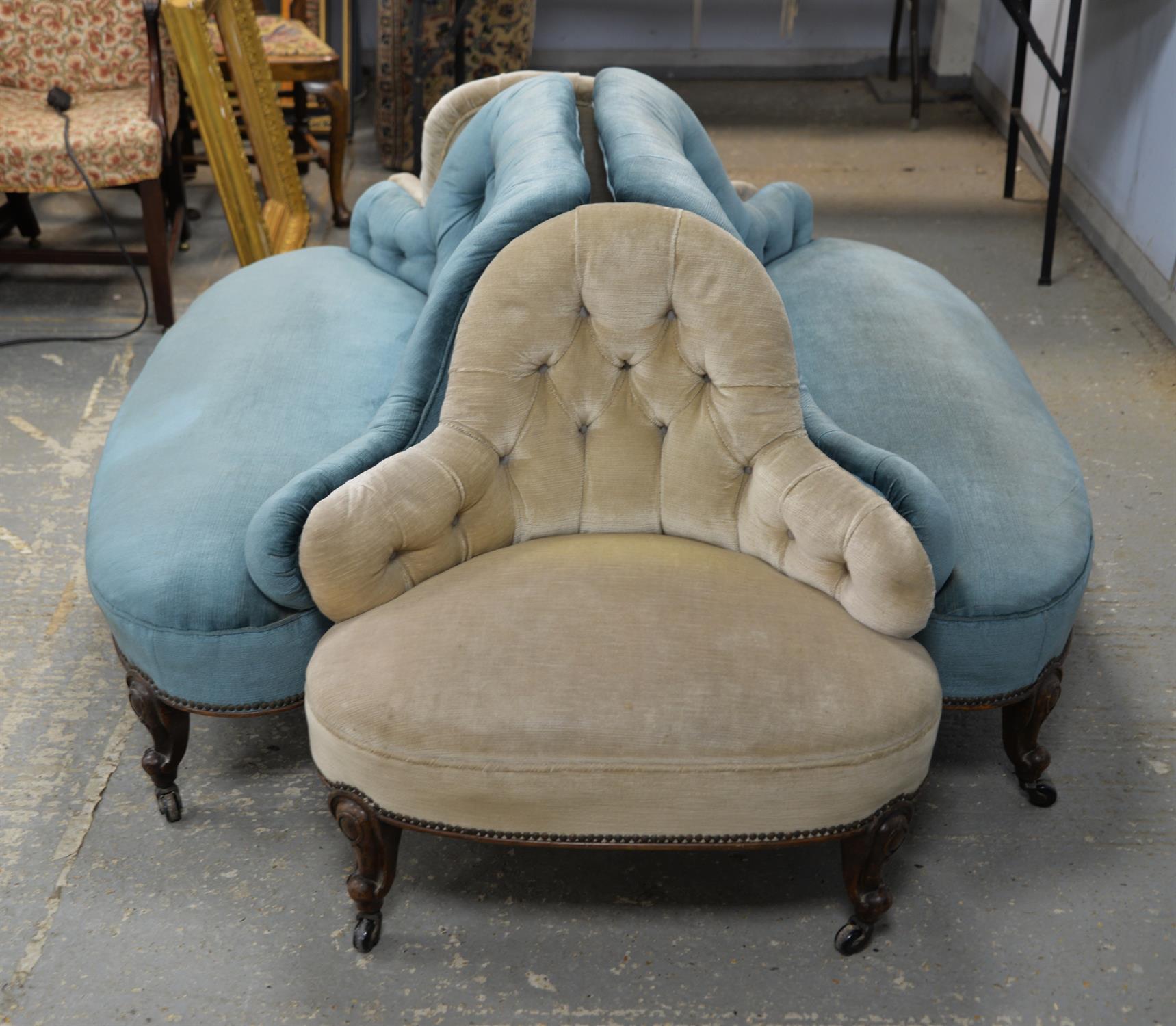 Four piece conversation chair, late 19th Century, with button backs, on curving legs, with casters, - Image 2 of 10