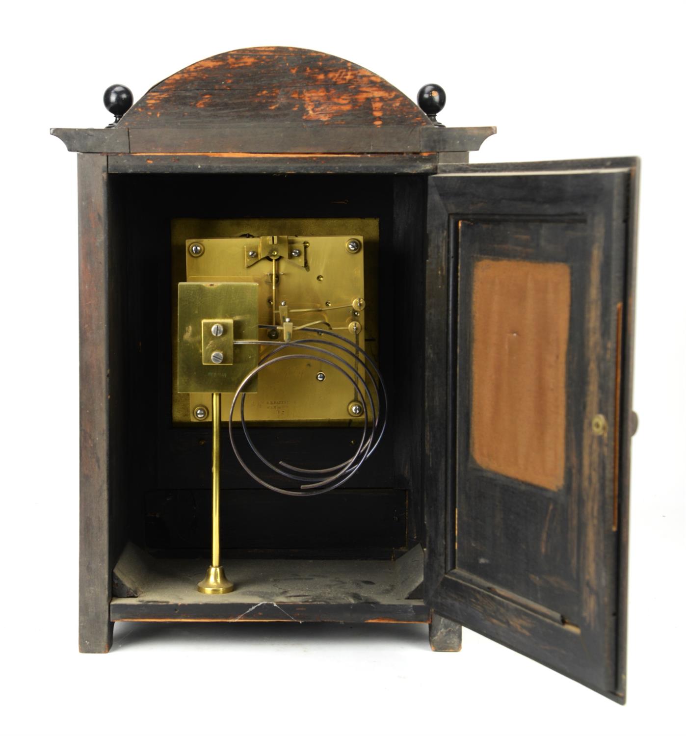 An ebonised wood clock, late 19th/early 20th Century, with ball finials and brass mounted scroll - Image 4 of 5