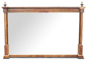 Rectangular mahogany mirror, late 19th/early 20th Century, with turned finials, the frieze with