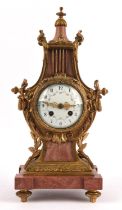 Late 19th / early 20th century French gilt metal and marble lyre clock with painted porcelain dial,