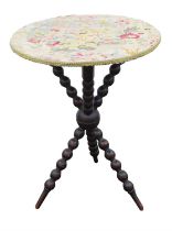 Victorian stained beechwood gypsy table, the top with 19th century needlework scene,