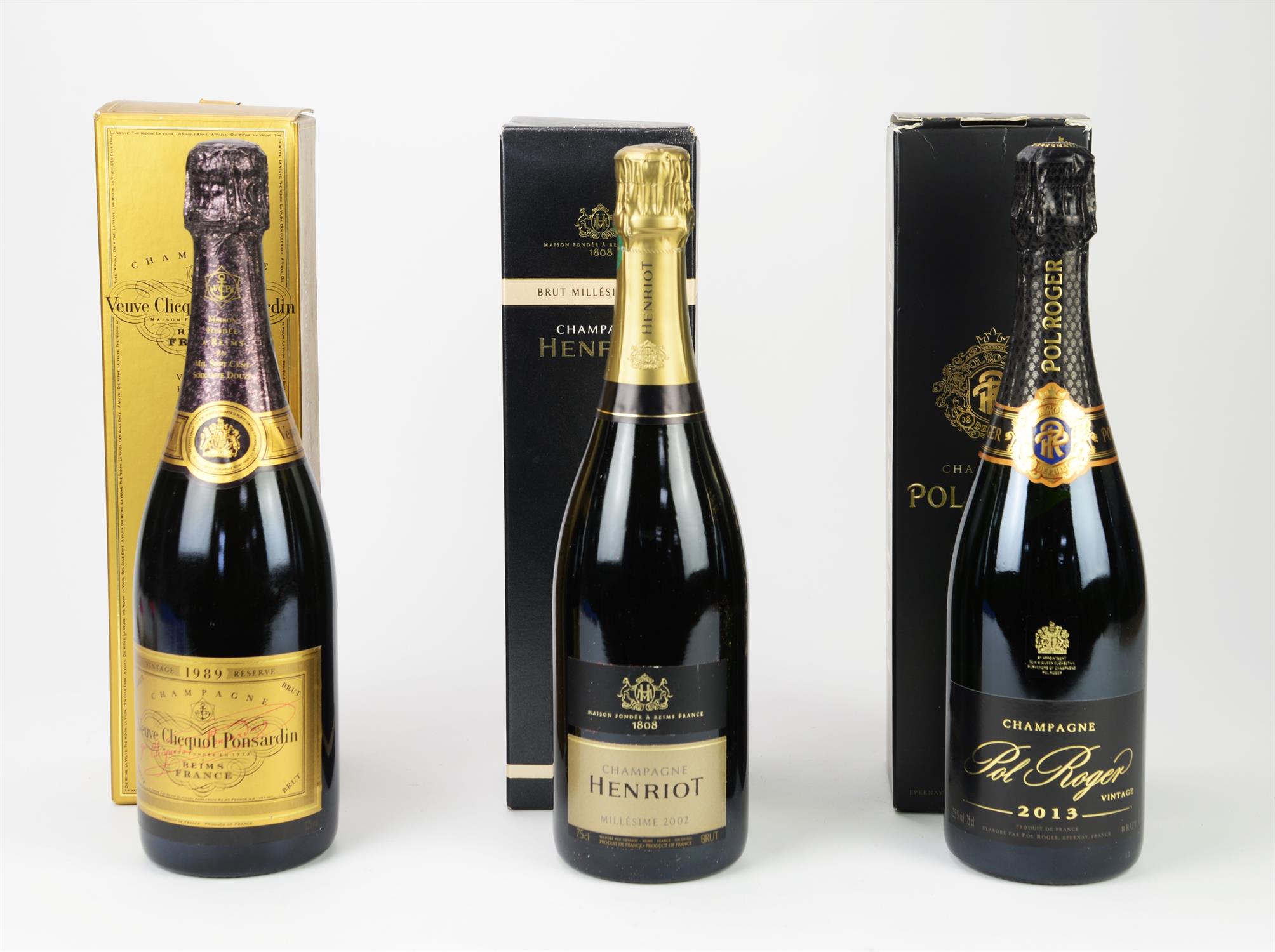 Champagne, Veuve Clequot Ponsardin 1989, one bottle, Pol Roger 2013, one bottle, Moet & Chandon